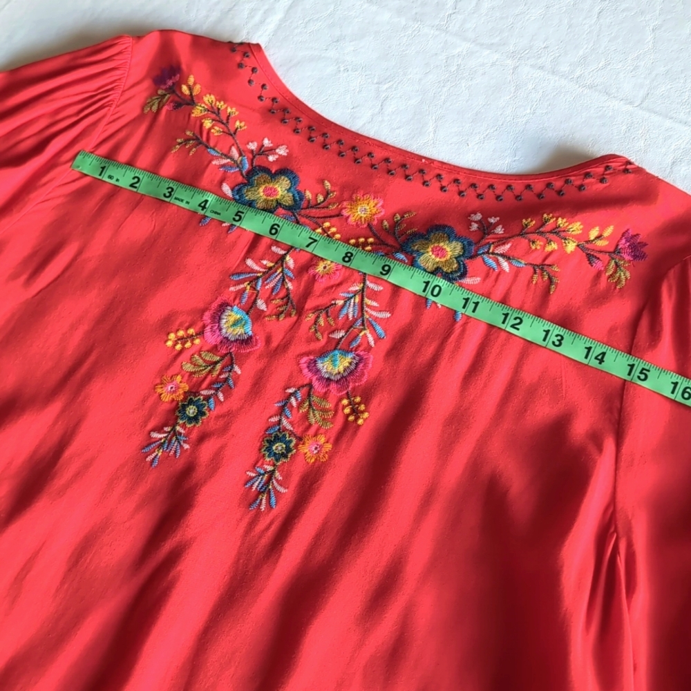 Umgee Red Peasant Embroidered Tunic Top Mini Dress Women's Size Small - Picture 6 of 9